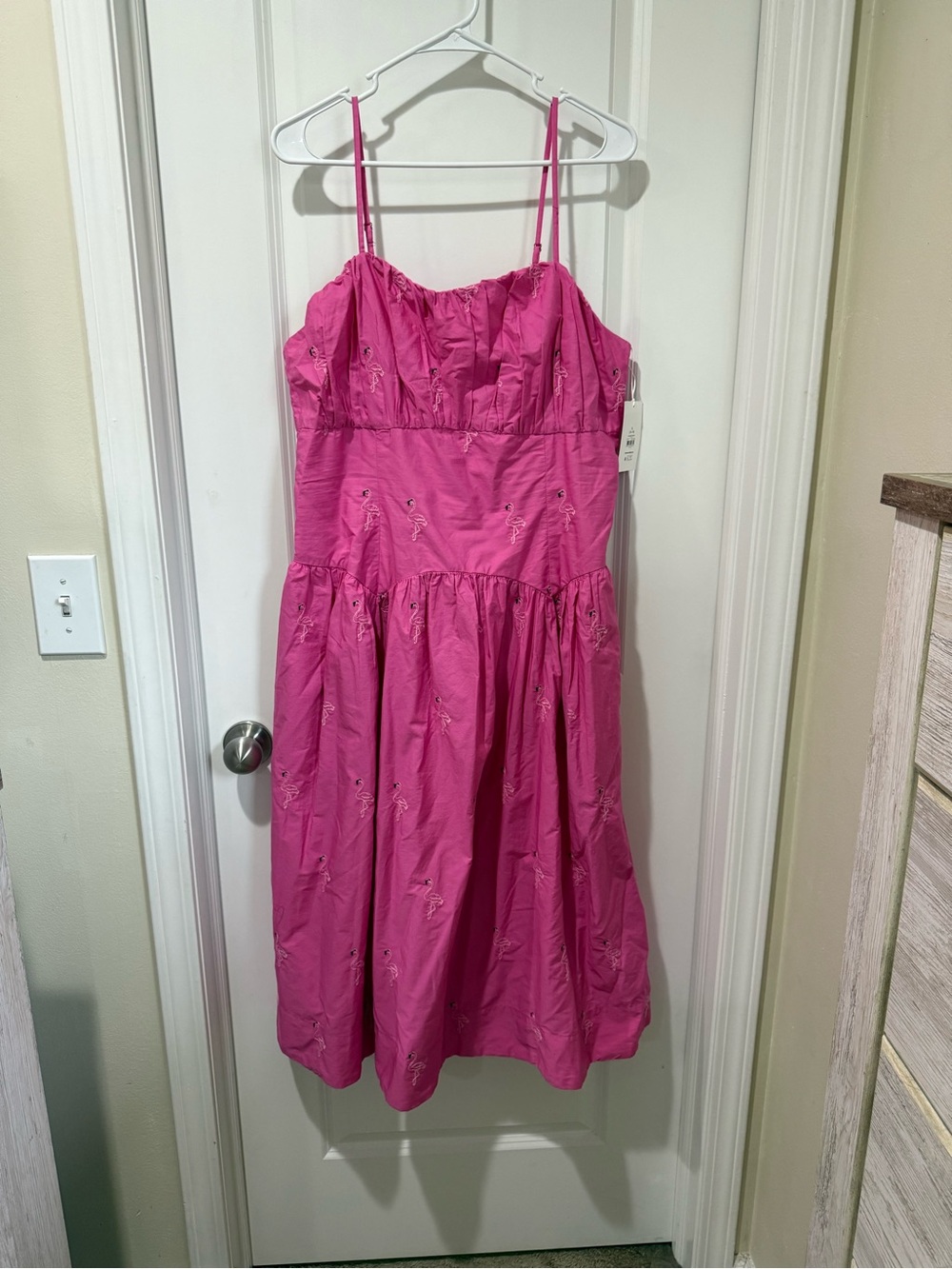 Free Assembly Pink Midi Dress with Flamingo Embroidery